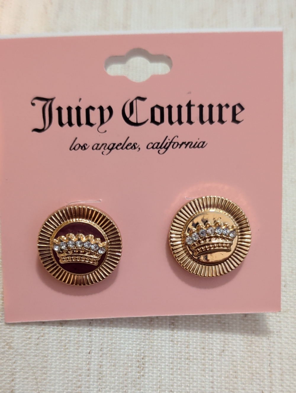 Juicy Couture Gold Crown Stud Earrings with Pink Enamel